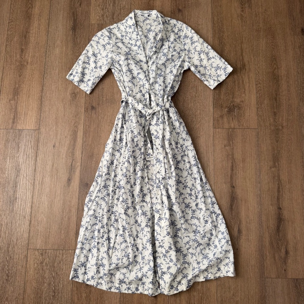Uniqlo Shirt Dress Women Small White Floral Ines de la Fressange Midi Belted